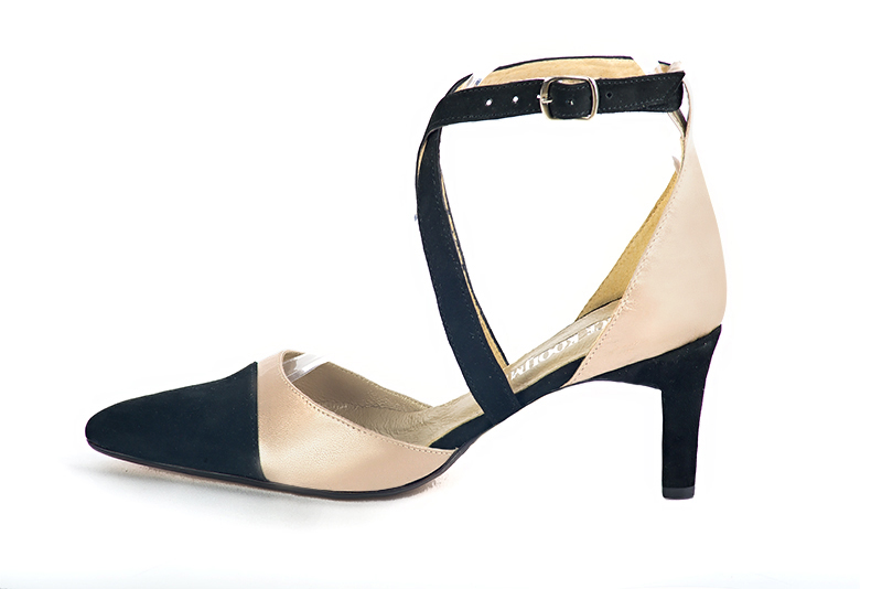 Matt black and gold women's open side shoes, with crossed straps. Tapered toe. Medium comma heels. Profile view - Florence KOOIJMAN